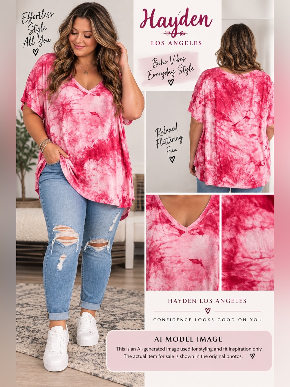 Hayden LA Pink Tie Dye V Neck Relaxed Tunic Top
